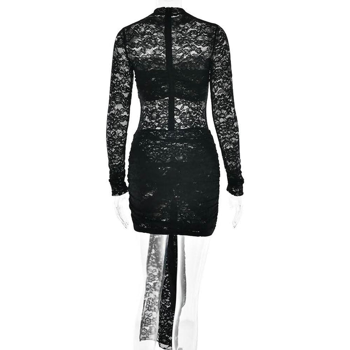 Crewneck long sleeve lace o ring ruched mini dress  | Festival Outfits Women
