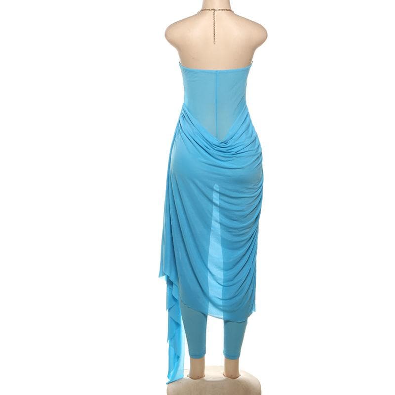 Metal chain halter ruched sheer mesh hollow out cut out maxi dress  | Festival Outfits Women