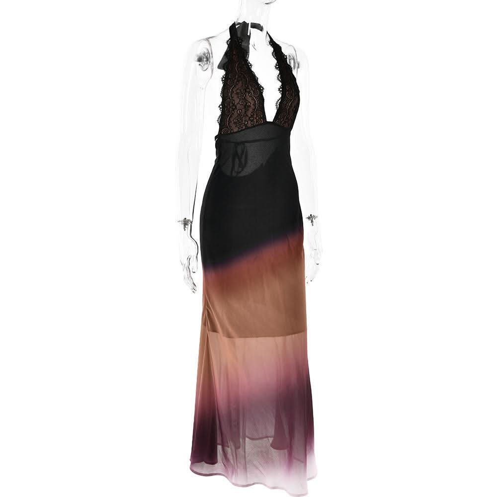 Halter self tie deep V neck gradient lace maxi dress  | Festival Outfits Women