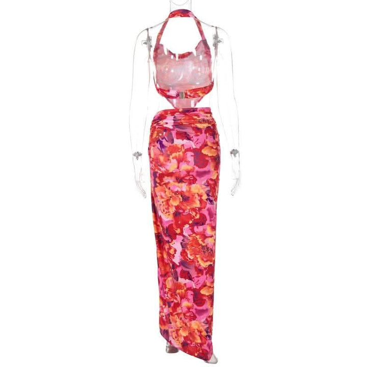 Halter flower print o ring slit maxi skirt set-final-sale  | Festival Outfits Women