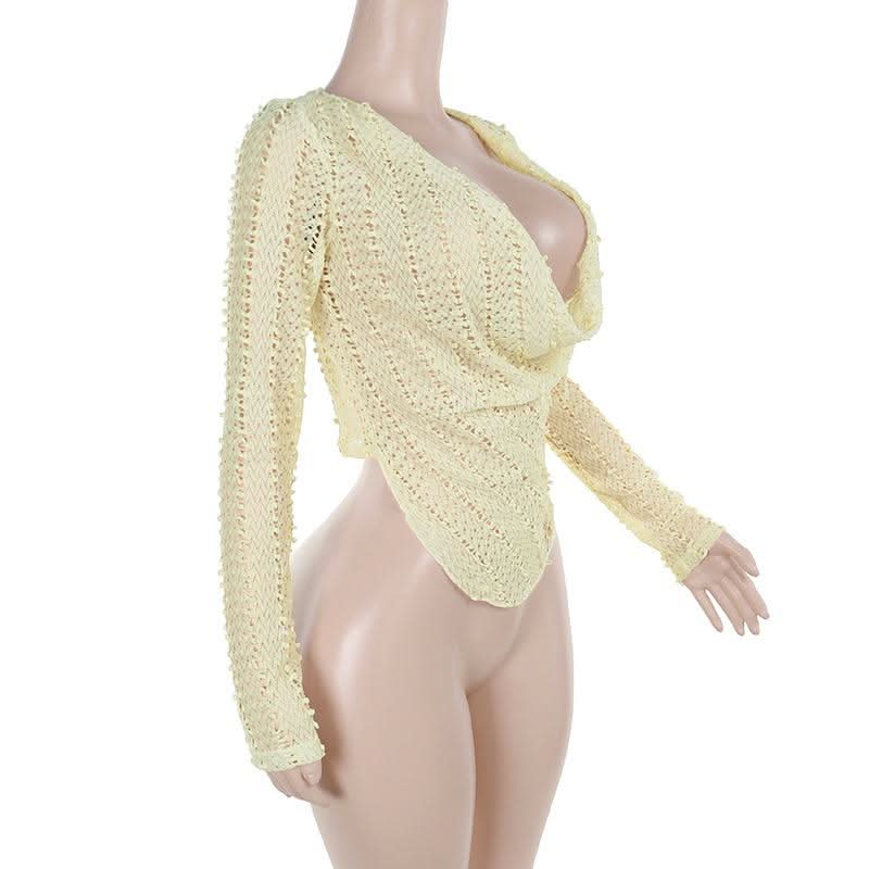 Cowl neck long sleeve irregular hollow out cut out top  | Festival Outfits Women