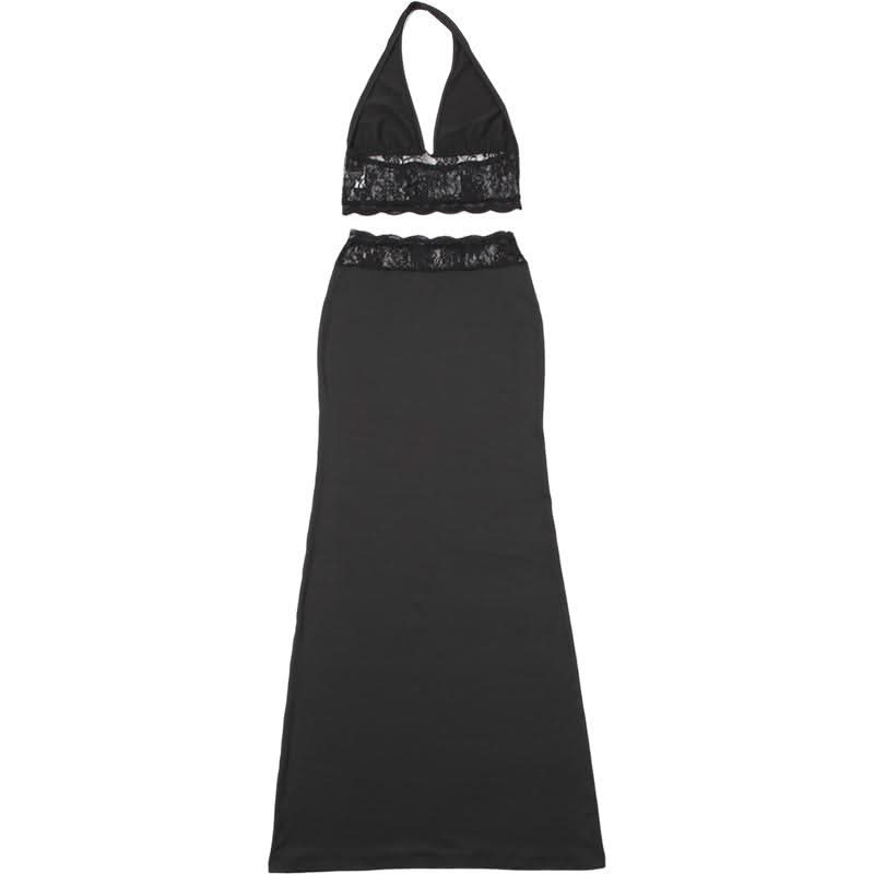 Halter v neck lace backless maxi skirt set  | Festival Outfits Women