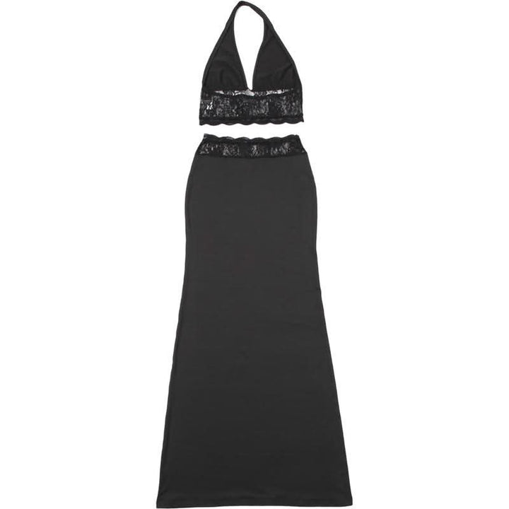 Halter v neck lace backless maxi skirt set  | Festival Outfits Women