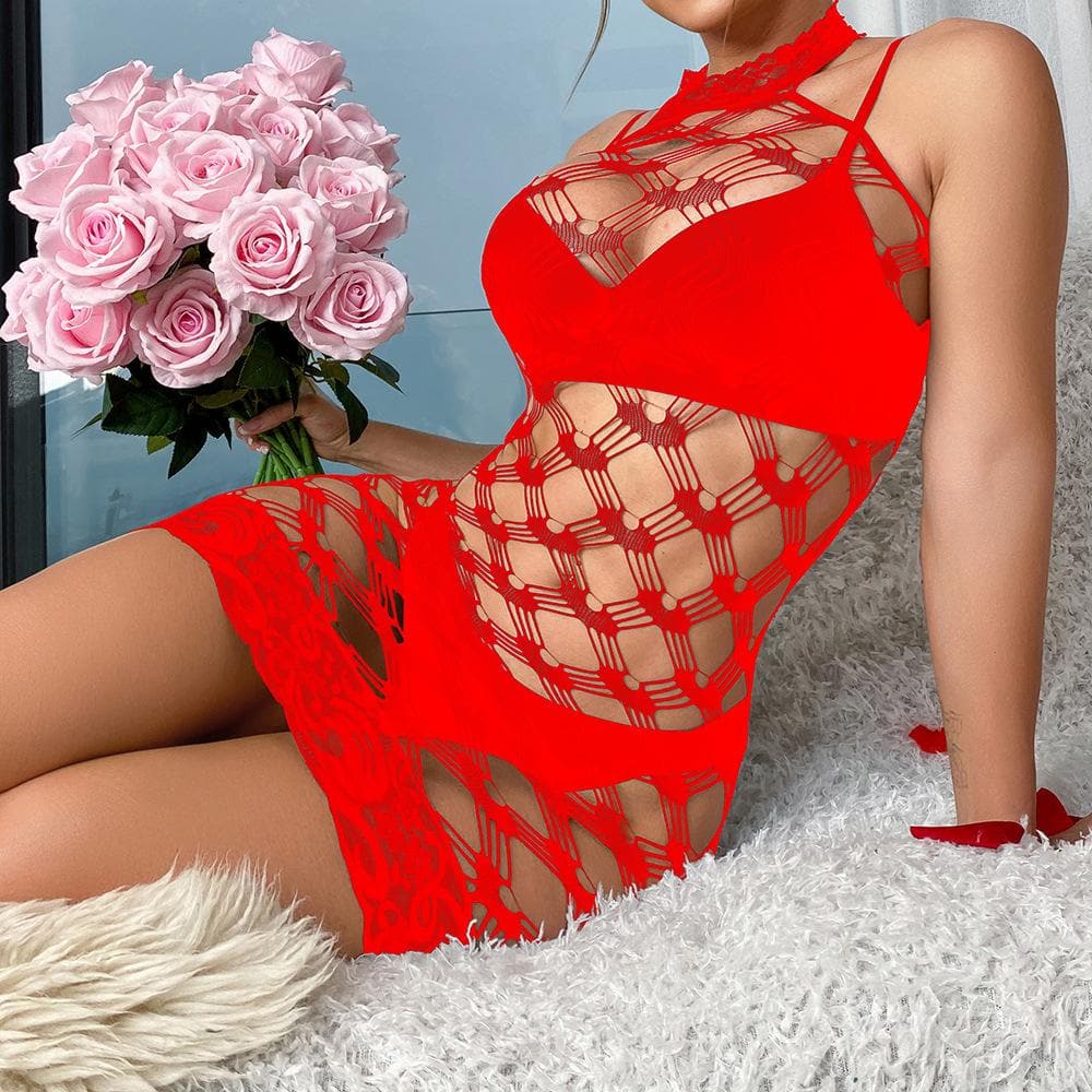Halter net hollow out solid bodysuit  | Festival Outfits Women