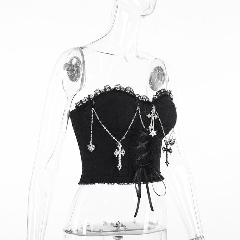 Metal chain lace up sweetheart neck tube top  | Festival Outfits Women