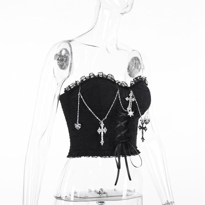 Metal chain lace up sweetheart neck tube top  | Festival Outfits Women