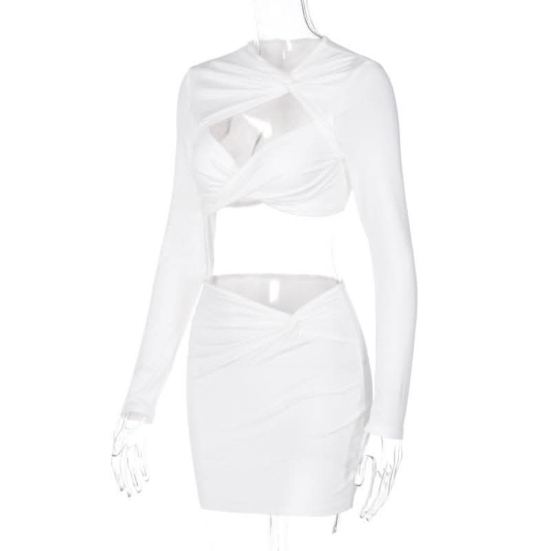 Knotted hollow out solid ruched long sleeve mini skirt set-final-sale  | Festival Outfits Women