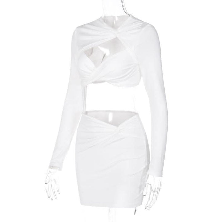 Knotted hollow out solid ruched long sleeve mini skirt set-final-sale  | Festival Outfits Women