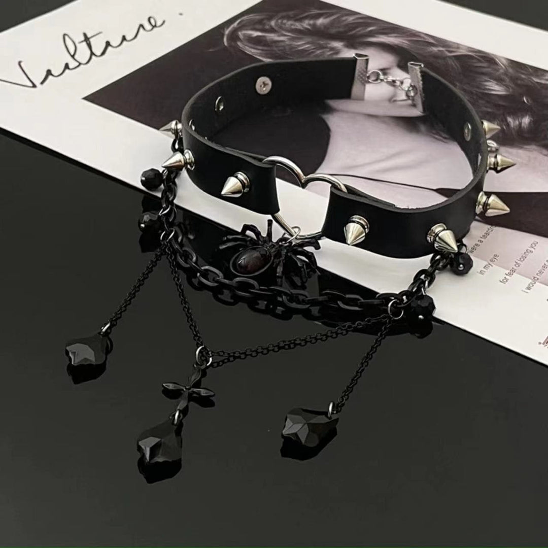 Spider rivet heart pendant PU leather layered choker necklace  | Festival Outfits Women