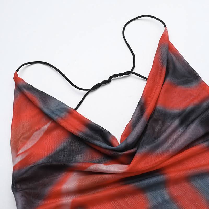 Cowl neck sheer mesh print spaghetti strap maxi dress  | Festival Outfits Women