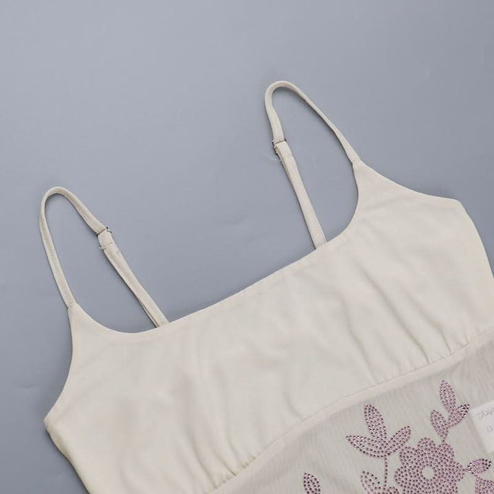 U neck beaded flower pattern mesh cami mini skirt set  | Festival Outfits Women