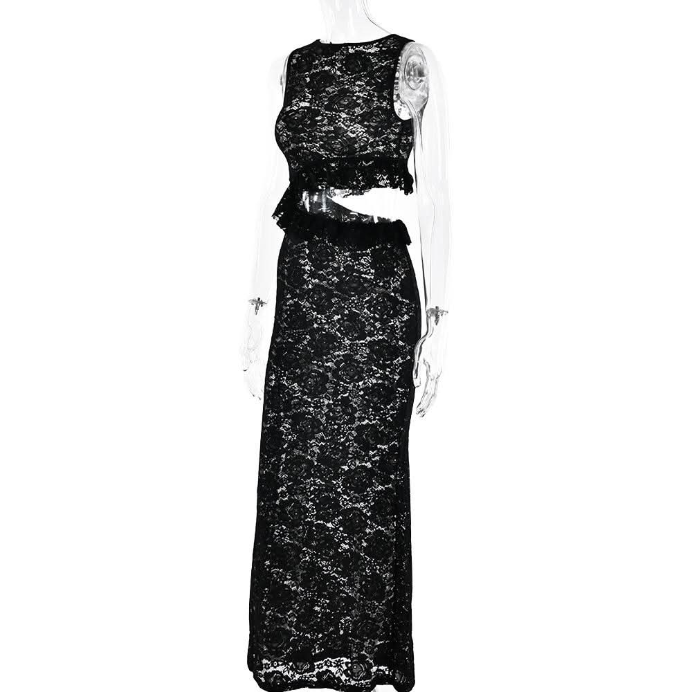 Crewneck hollow out lace ruched see through cut out maxi dress  | Festival Outfits Women