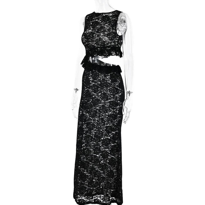 Crewneck hollow out lace ruched see through cut out maxi dress  | Festival Outfits Women
