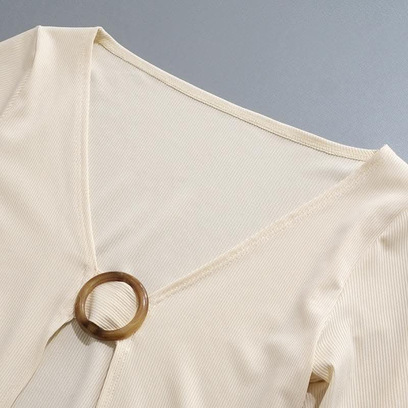 V neck long sleeve o ring slit solid crop top pant set-final-sale  | Festival Outfits Women