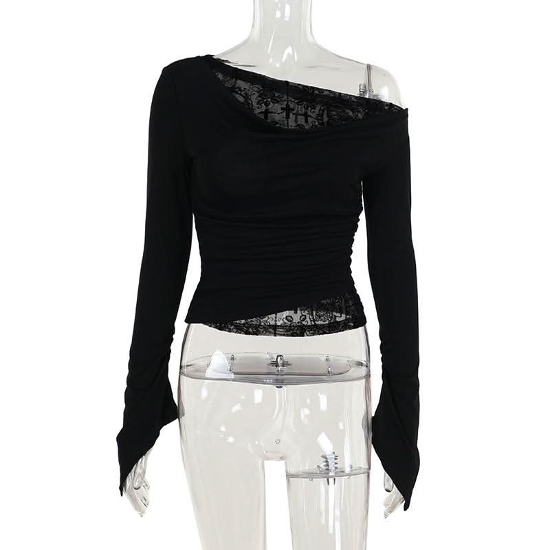 Off shoulder long flared sleeve mesh patchwork top  | Festival Outfits Women