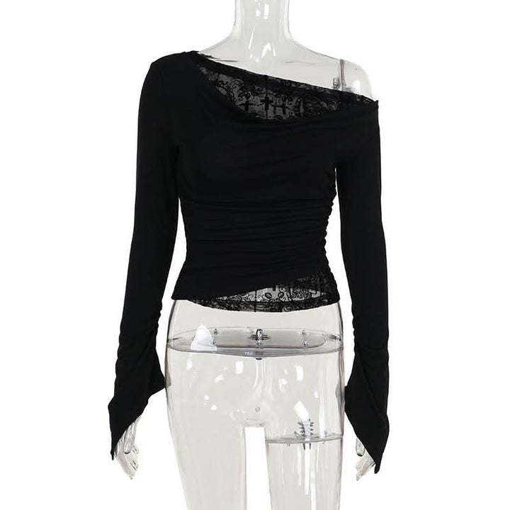 Off shoulder long flared sleeve mesh patchwork top  | Festival Outfits Women