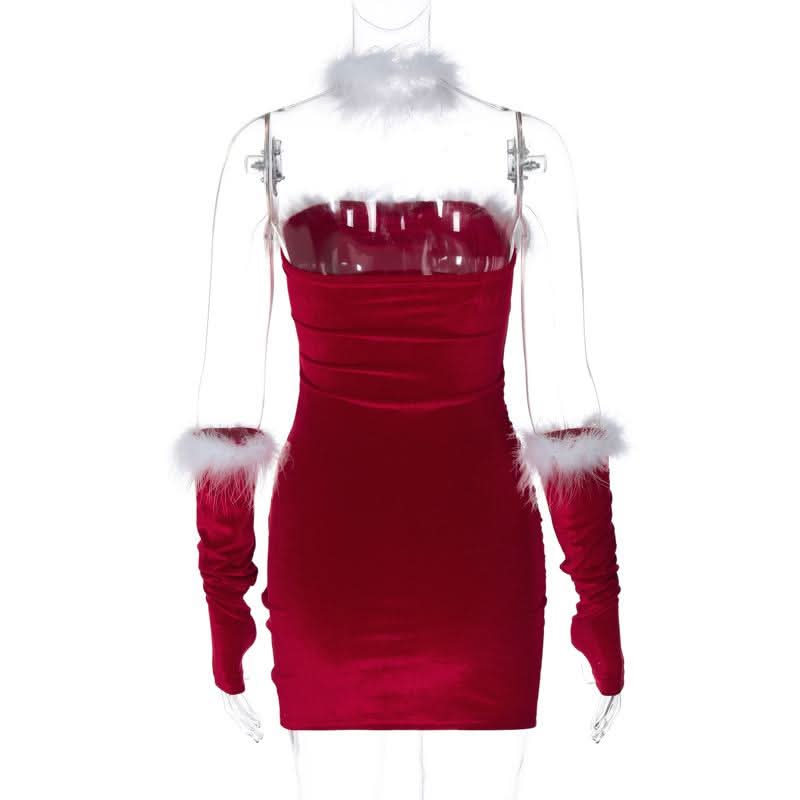 red mini dress with gloves Ruched feather gloves backless tube mini dress