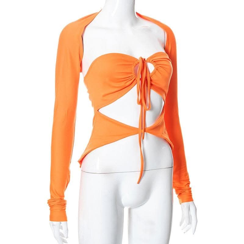 Drawstring hollow out button solid 2 piece shrug tube cut out top-final-sale  | Festival Outfits Women