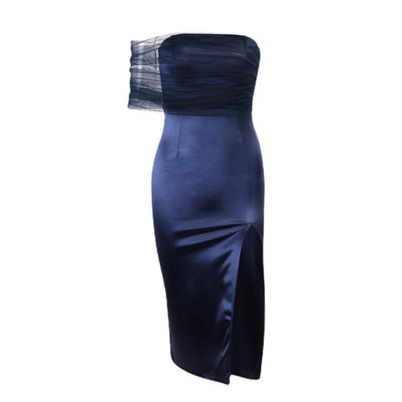 One shoulder irregular mesh ruched slit midi dress-final-sale  | Festival Outfits Women
