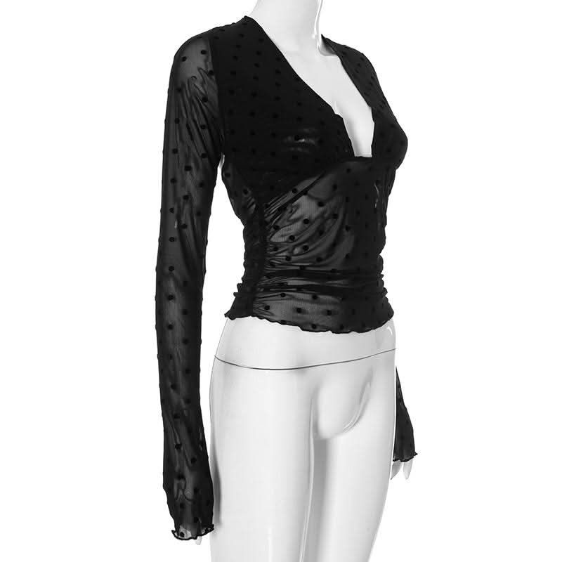 Long sleeve mesh polka dot ruffle solid top  | Festival Outfits Women