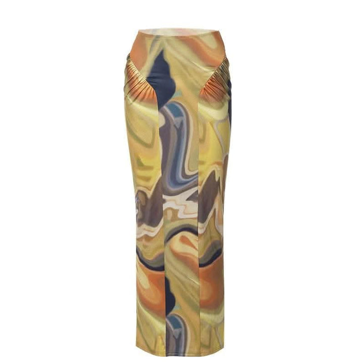 Contrast ruched abstract print midi skirt-final-sale  | Festival Outfits Women