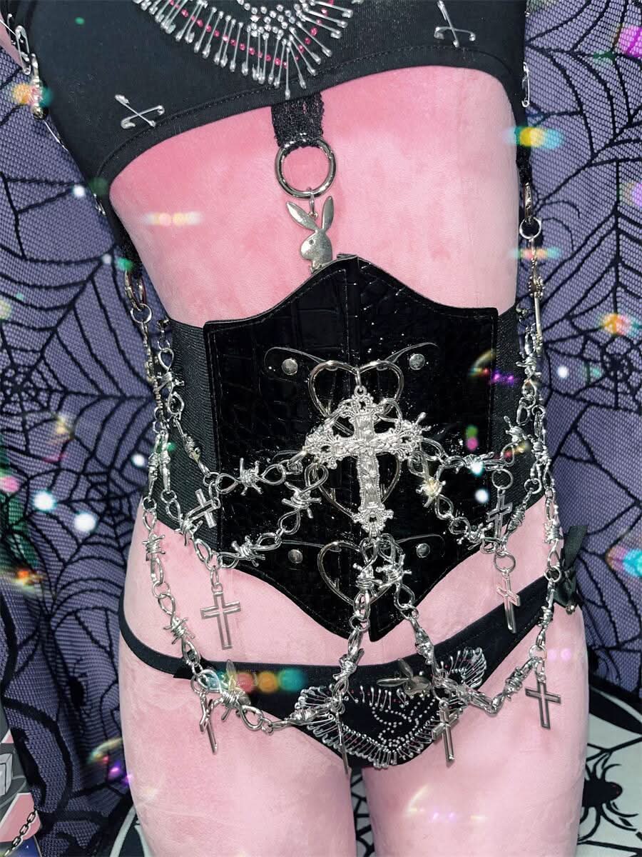 PU leather metal chain cross applique waist chain  | Festival Outfits Women