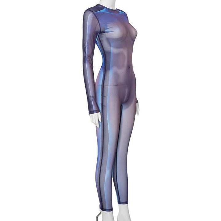 Long sleeve crewneck body print zip-up sheer mesh jumpsuit-final-sale  | Festival Outfits Women