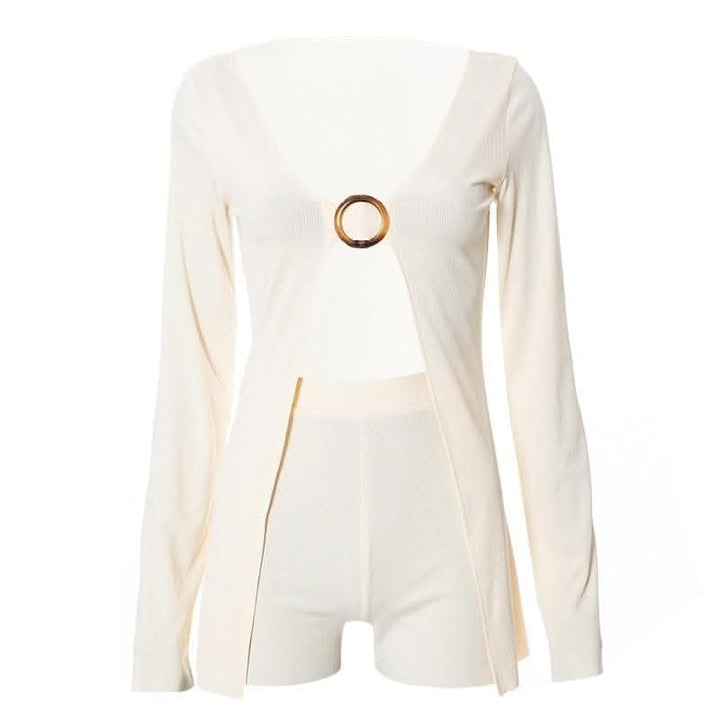 V neck long sleeve o ring slit solid crop top pant set-final-sale  | Festival Outfits Women