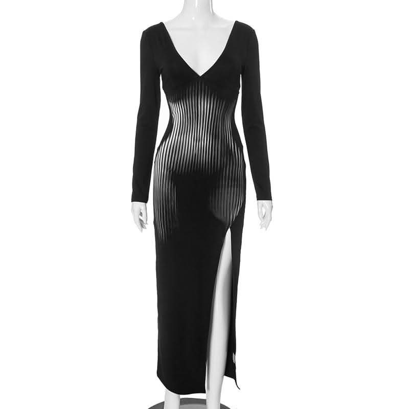 Slit long sleeve deep V neck print backless maxi dress-final-sale  | Festival Outfits Women