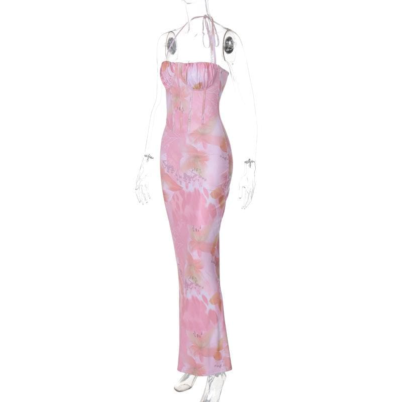 Halter print ruched bustier high slit knotted maxi dress  | Festival Outfits Women
