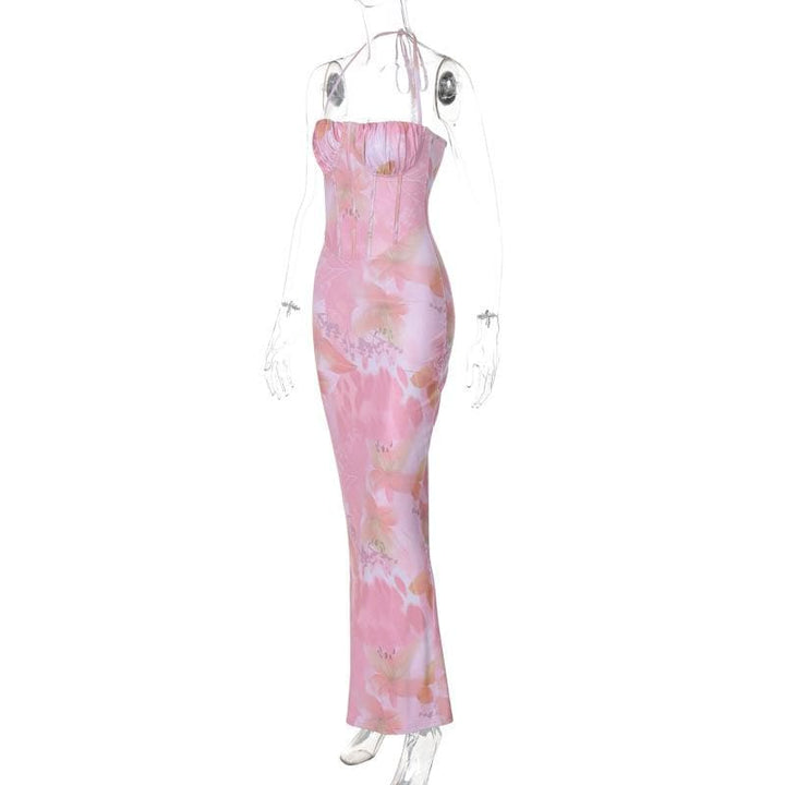 Halter print ruched bustier high slit knotted maxi dress  | Festival Outfits Women