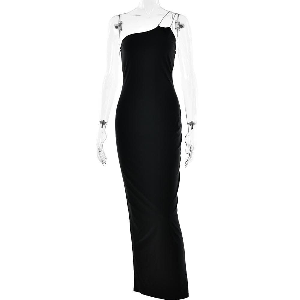 Metal chain one shoulder solid slit maxi dress-final-sale  | Festival Outfits Women