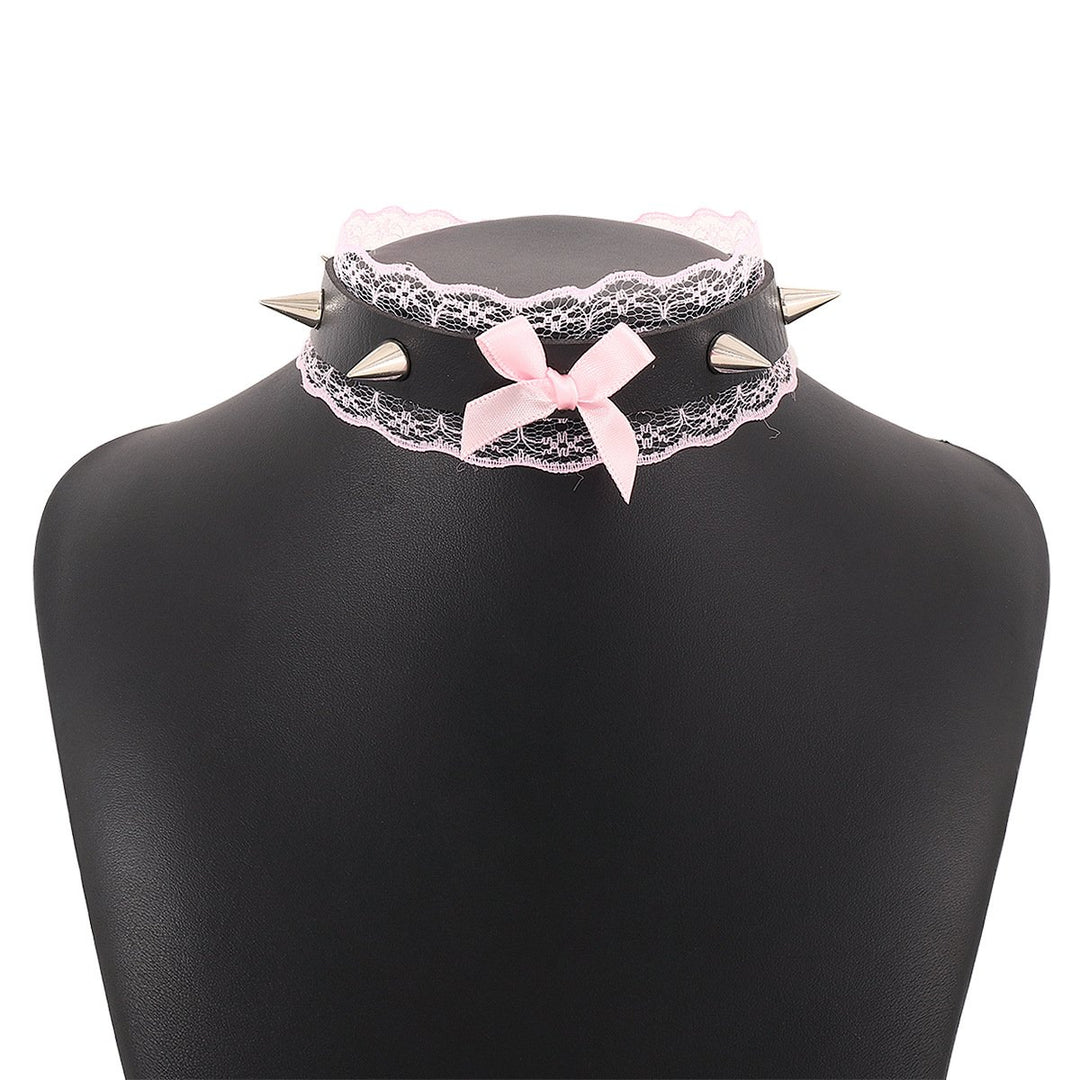 PU leather lace hem bowknot rivet decor chocker  | Festival Outfits Women