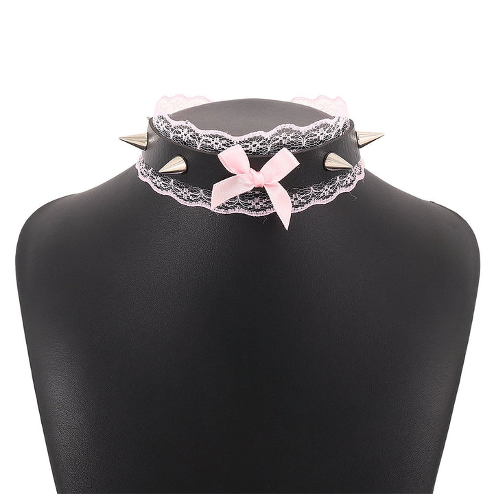 PU leather lace hem bowknot rivet decor chocker  | Festival Outfits Women