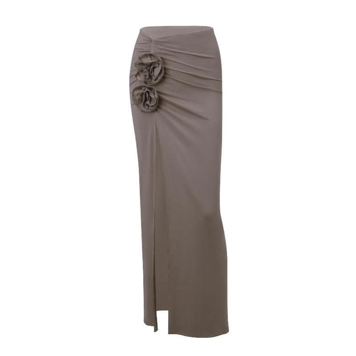 Ruched high slit flower applique irregular solid maxi skirt-final-sale  | Festival Outfits Women