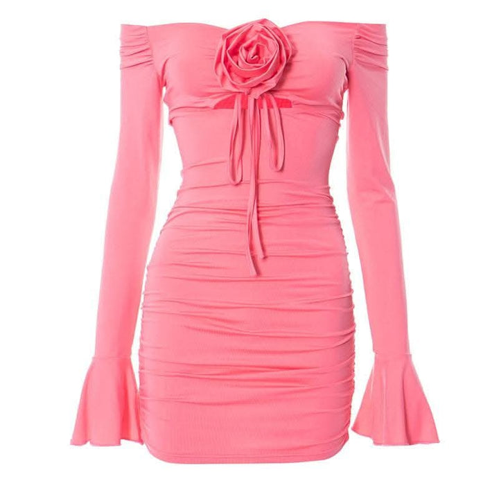 Flower applique hollow out ruched long flared sleeve cut out mini dress-final-sale  | Festival Outfits Women