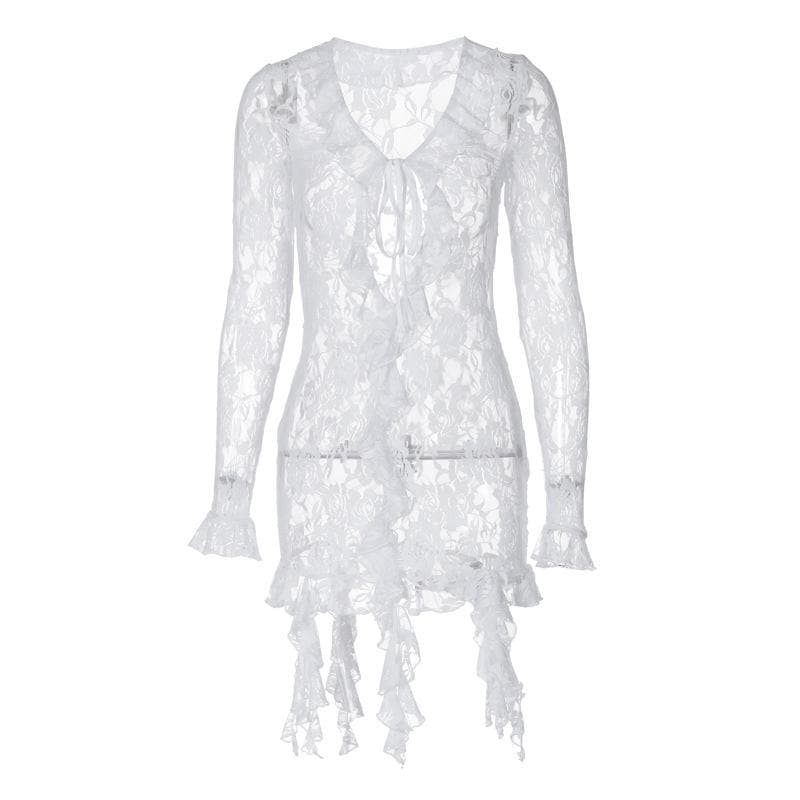 Long flared sleeve ruffle lace see through mini dress  | Festival Outfits Women