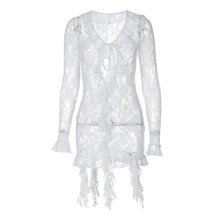 Long flared sleeve ruffle lace see through mini dress  | Festival Outfits Women