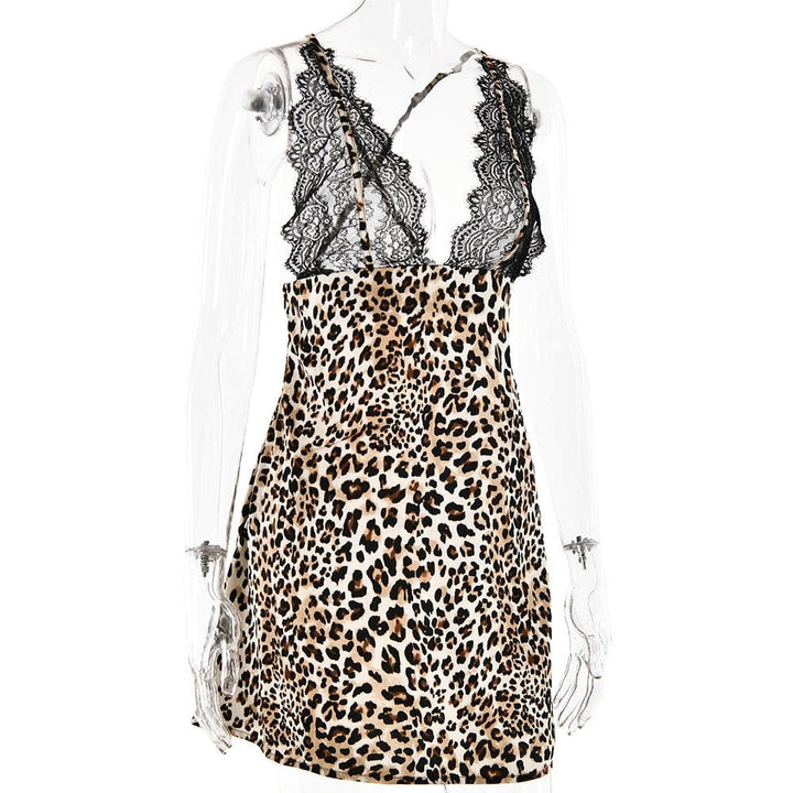 V neck leopard print lace see through cami mini dress  | Festival Outfits Women  | Leopard Print Mini Dress