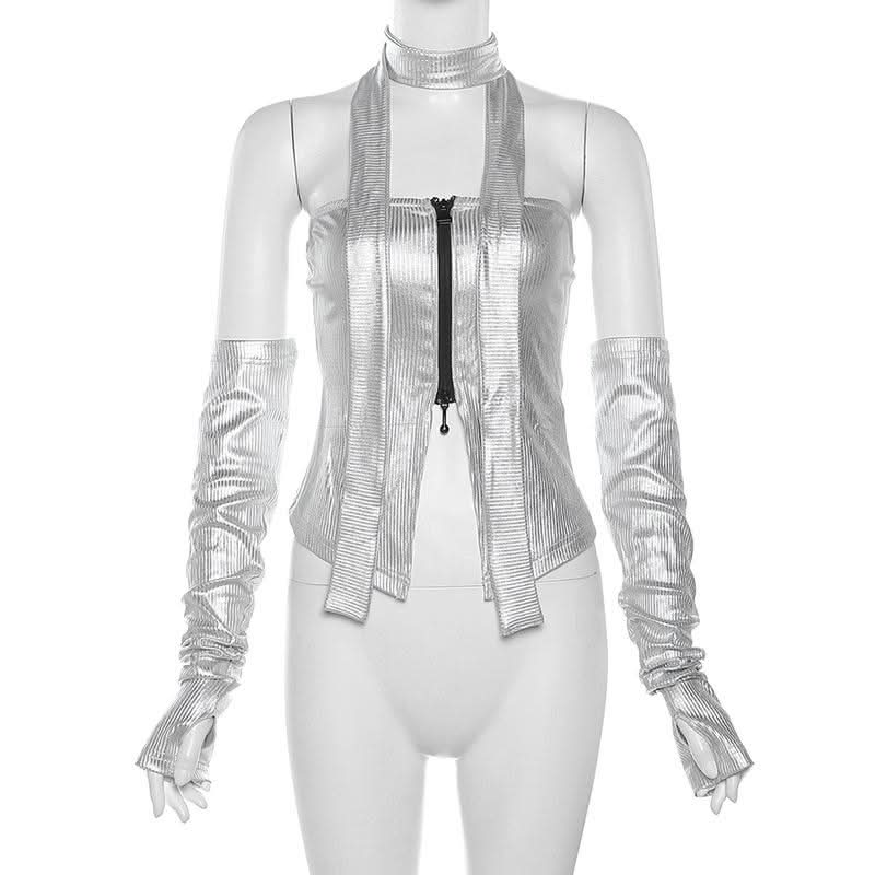 Metallic gloves zip-up tube top  | Festival Outfits Women