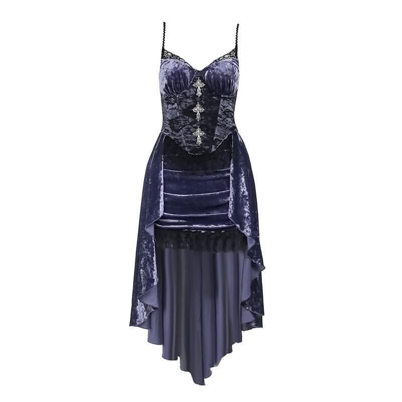 Velvet lace hem cross applique irregular v neck contrast midi dress | victorian gothic dresses-final-sale