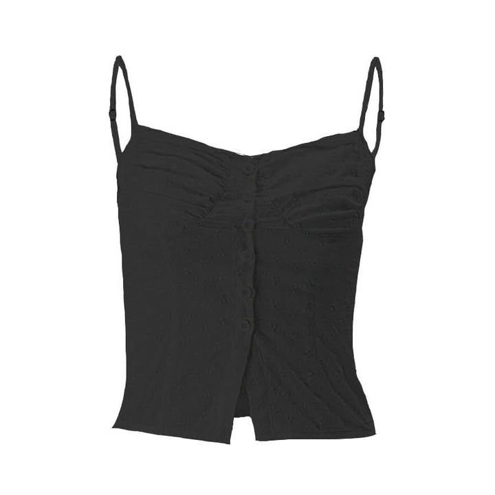 Textured pleated button slit solid backless cami top-final-sale  | Festival Outfits Women