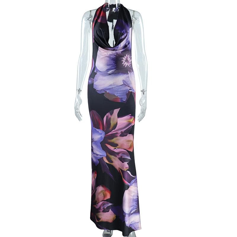 Halter cowl neck backless flower print maxi dress  | Festival Outfits Women