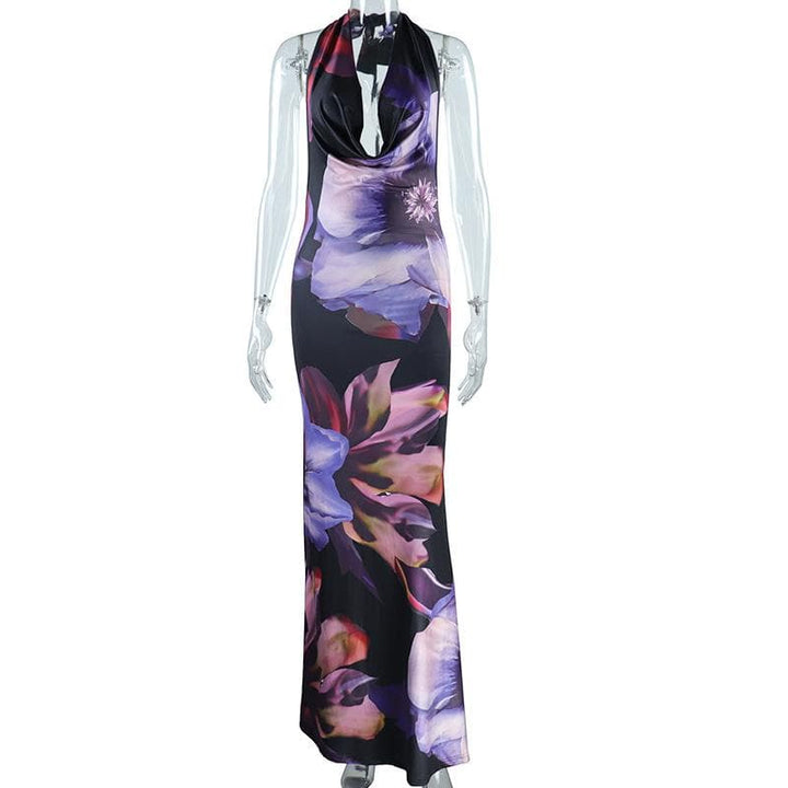 Halter cowl neck backless flower print maxi dress  | Festival Outfits Women