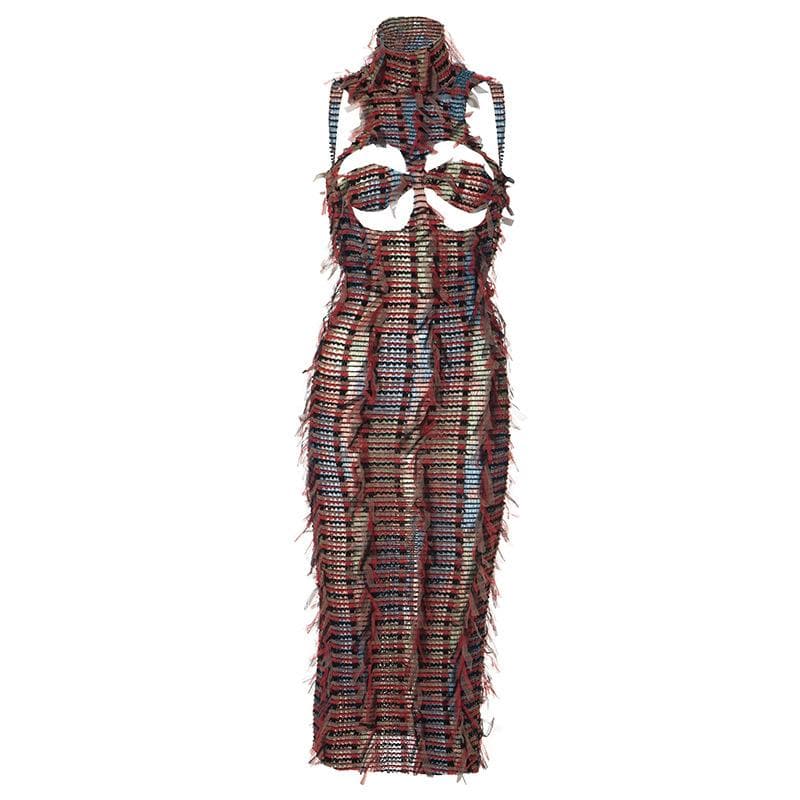 High neck hollow out mesh backless cut out midi dress  | Festival Outfits Women