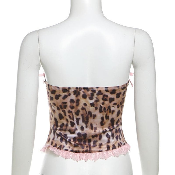 Bowknot leopard print lace hem backless tube top  | Festival Outfits Women  | Cheetah Print Top
