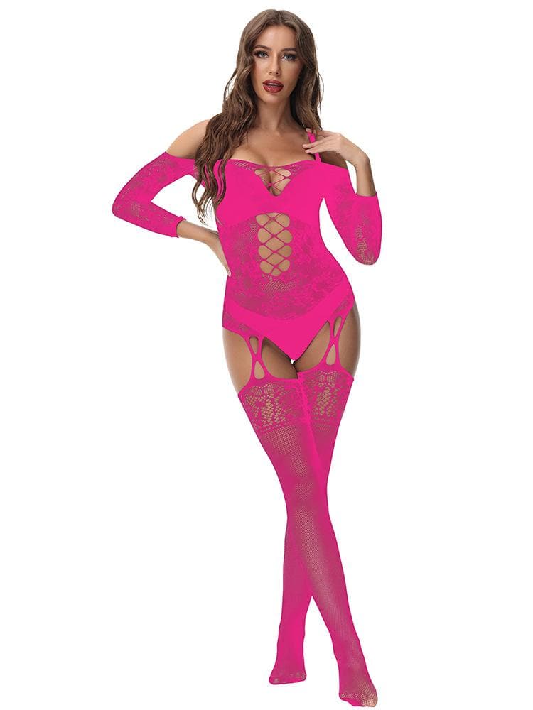 Long sleeve off shoulder lace fishnet strappy bodystocking  | Festival Outfits Women
