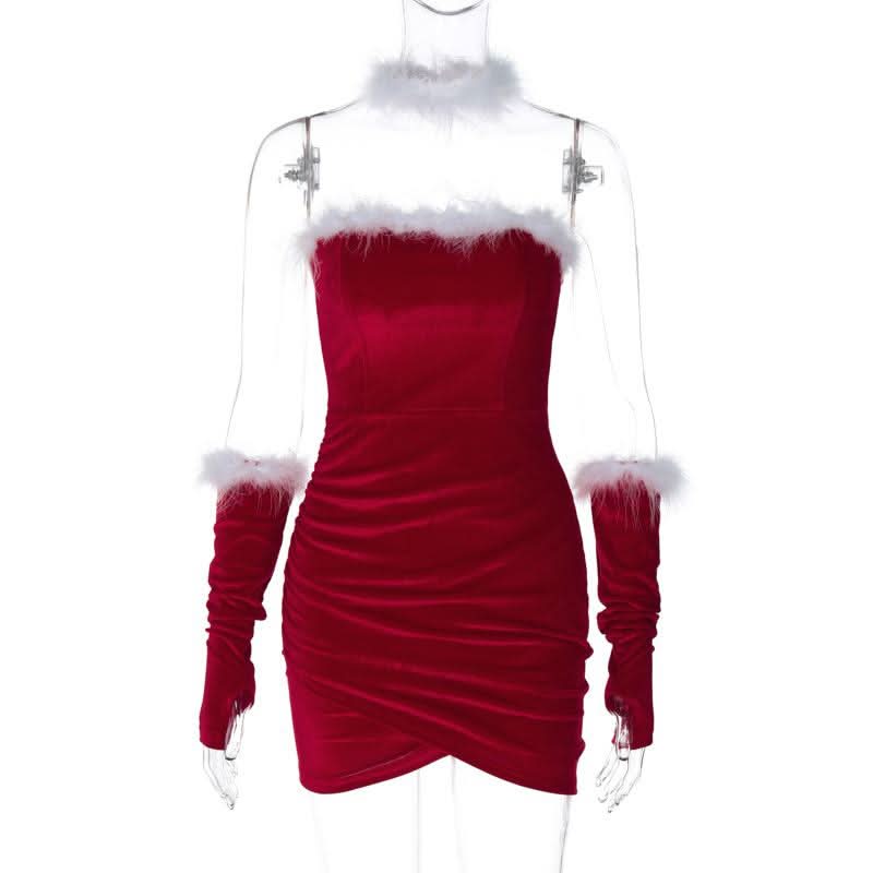 Ruched feather gloves backless tube mini dress  | Festival Outfits Women