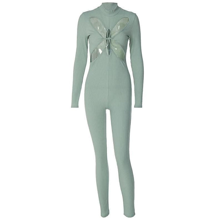 Hollow out long sleeve solid zip-up high neck jumpsuit - Final Sale-final-sale  | Festival Outfits Women