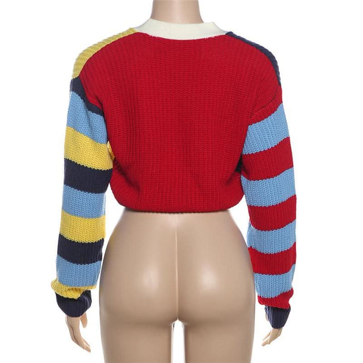 Long sleeve v neck button knitted contrast top  | Festival Outfits Women